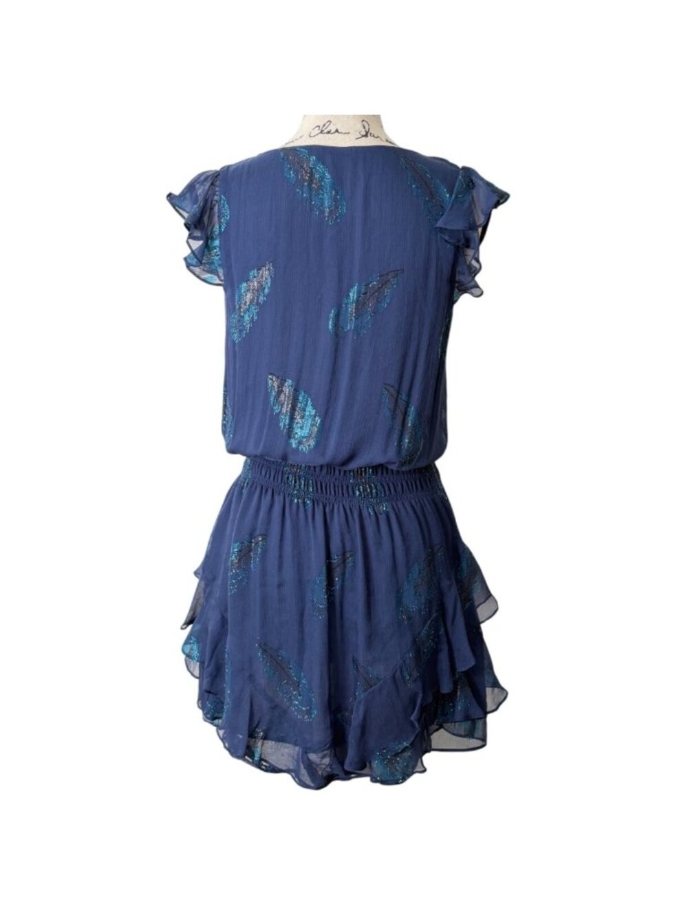 Ramy Brook Womens XS Silk Mini Dress Blue Metallic Feather Print Chiffon Ruffle - Picture 3 of 8